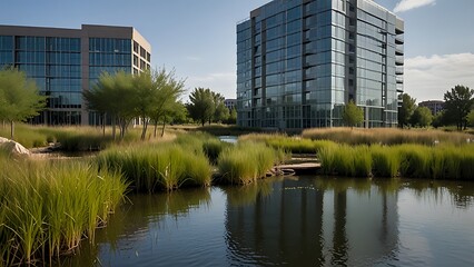 Clean urban waterway surrounded by native grasses and modern buildings