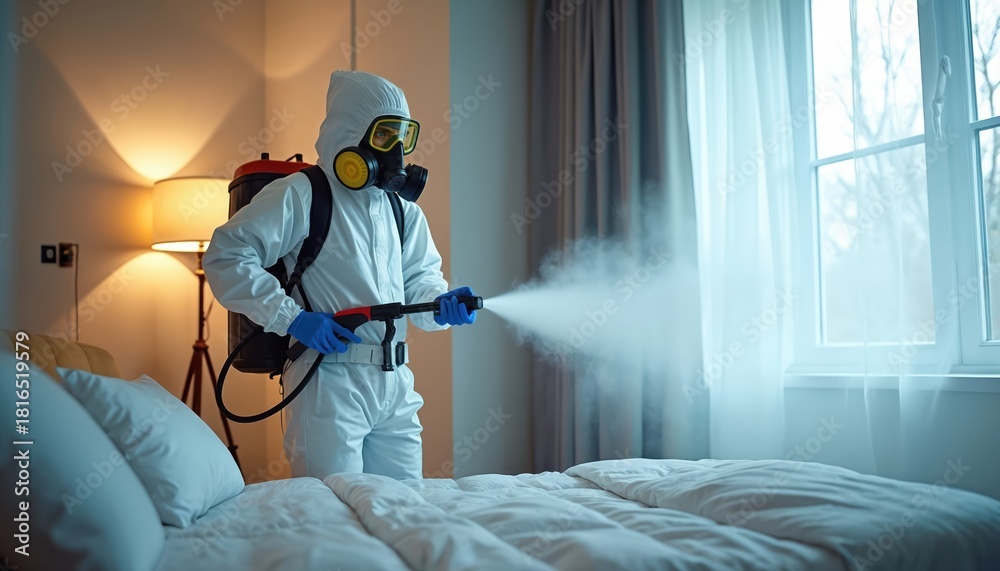 Technician in protective suit treating a hotel room for mold remediation